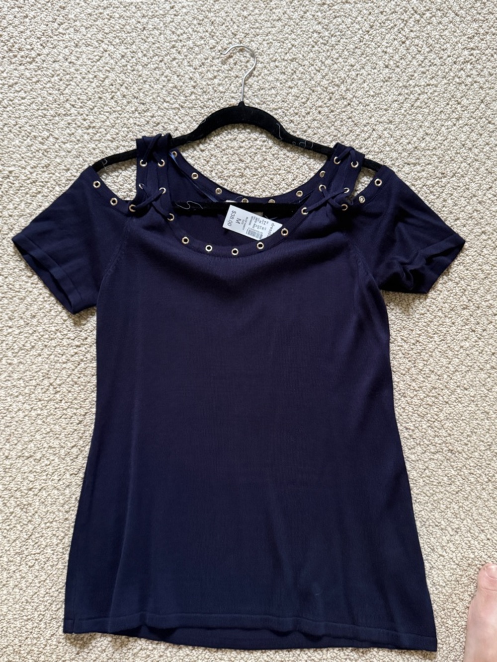 dressbarn Navy Cold-Shoulder Eyelet Lace-Up Tee